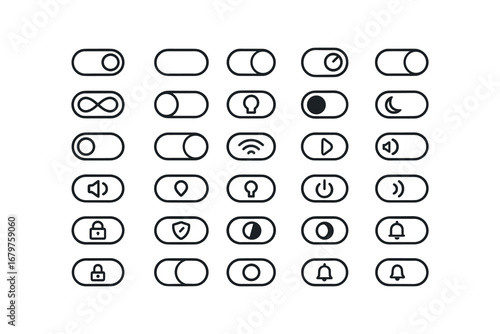 vector outline icons Toggle Switch (Types) toggle button toggle slider toggle knob toggle dial toggle digital toggle analog toggle auto toggle manual toggle light toggle dark toggle mute.