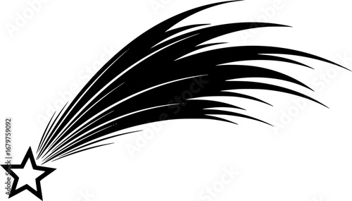Shooting star silhouette with multiple tails vector. Perfect for cosmic, night sky, celebration, and decorative designs.
