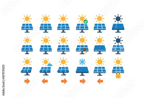 colorful flat vector icons Solar (Basic) solar icon solar new solar old solar valid solar invalid solar active solar inactive solar small solar large solar clean solar dirty solar light.