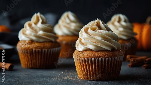 Fall pumpkin spice cupcakes with creamy frosting, side view scene against a dark background