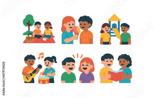 vector colorful flat filled icons preteen years (friends): park picnic shared ice cream playground music jam laughter storytelling.
