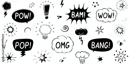 Collection of hand drawn comic book style sound effects and speech bubbles