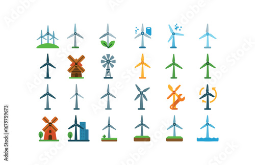 colorful flat vector icons Windmill (Types) windmill farm windmill tower windmill eco windmill smart windmill digital windmill modern windmill vintage windmill wood windmill steel windmill.