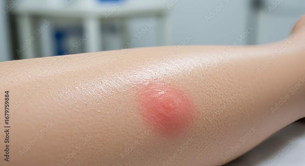 Fototapeta premium Inflamed Bulla Lesion - A Severe Second-Degree Burn Blister on Human Skin.