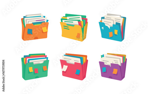 vector colorful flat filled icons accordion file (messy): overstuffed bent edges papers spilling colorful folders sticky flags torn labels.