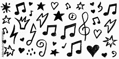Collection of hand drawn black music notes stars hearts lightning bolts and crown doodles on white background