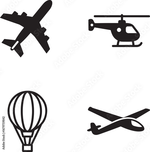 Aviation transportation icons including airplane helicopter hot air balloon and glider for travel and adventure