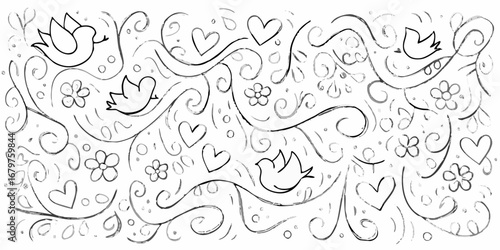 Whimsical hand drawn black and white pattern with birds hearts and flowers