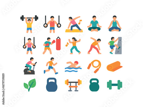 colorful flat vector icons Gym (Types) gym fitness gym sport gym cardio gym strength gym yoga gym pilates gym crossfit gym boxing gym dance gym stretch gym spin gym run gym swim gym climb.