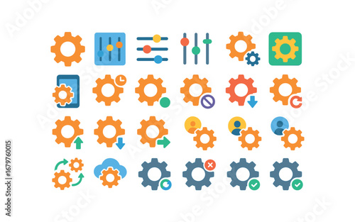 colorful flat vector icons Settings (General) settings gear settings panel settings menu settings adjust settings tune settings system settings app settings device settings quick settings.