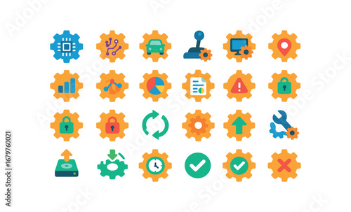 colorful flat vector icons Gear (Advanced) gear smart gear ai gear auto gear manual gear monitor gear track gear stats gear chart gear graph gear report gear alert gear notify gear secure.