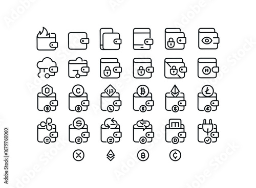 vector outline icons Crypto Wallet (Types) cryptowallet hot cryptowallet cold cryptowallet mobile cryptowallet desktop cryptowallet hardware cryptowallet paper cryptowallet cloud.