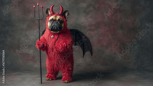 French Bulldog dog with red devil costume wearing a fluffy full body suit with fake arms holding a pitchfork, with devil tail, horns and black bat wings standing