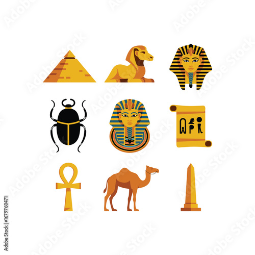 Iconic ancient egyptian symbols collection featuring pyramid sphinx pharaoh scarab camel ankh obelisk and hieroglyphs