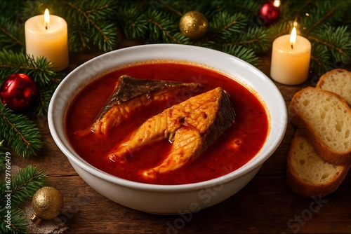 Traditional Hungarian fish soup (halászlé) served in a porcelain bowl on a festive Christmas table
