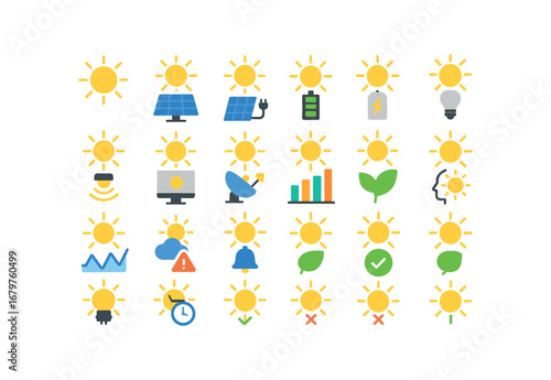 colorful flat vector icons Sun (Advanced) sun power sun energy sun panel sun charger sun battery sun lightbulb sun sensor sun monitor sun track sun stats sun chart sun graph sun forecast.