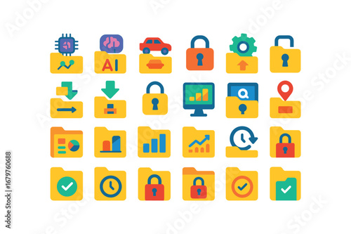 colorful flat vector icons Archive (Advanced) archive smart archive ai archive auto archive manual archive optimize archive compress archive decompress archive encrypt archive decrypt.