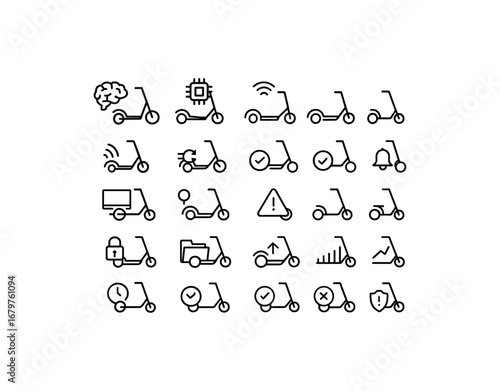vector outline icons Scooter (Advanced) scooter smart scooter ai scooter auto scooter manual scooter synced scooter unsynced scooter online scooter offline scooter monitor scooter tracker.