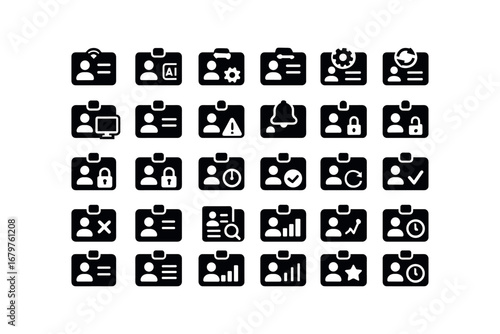 vector solid black filled icons ID Card (Advanced) idcard smart idcard ai idcard auto idcard manual idcard synced idcard unsynced idcard monitor idcard track idcard alert idcard notify.