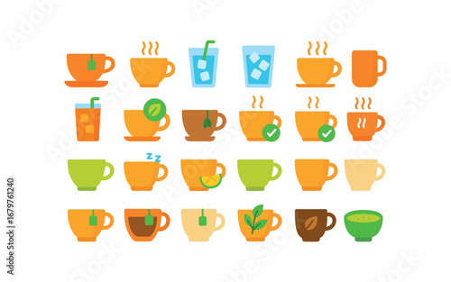 colorful flat vector icons Tea (Basic) tea icon tea hot tea cold tea iced tea cup tea mug tea glass tea new tea old tea valid tea invalid tea active tea inactive tea sweet tea sour tea.