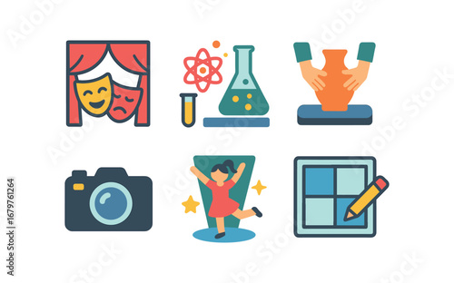vector colorful flat filled icons preteen years (creative): theater play science fair pottery photography dance show comic making.