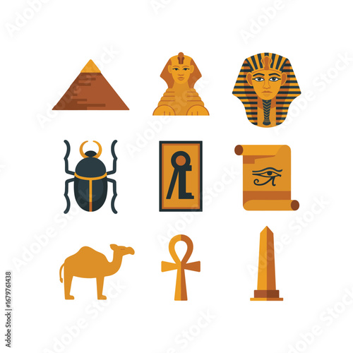 Ancient egyptian symbols icons set featuring pyramids pharaoh scarab camel ankh papyrus and obelisk