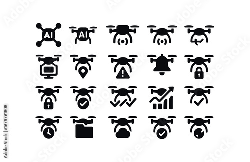 vector solid black filled icons Drone (Advanced) drone smart drone ai drone auto drone manual drone synced drone unsynced drone monitor drone track drone alert drone notify drone secure.