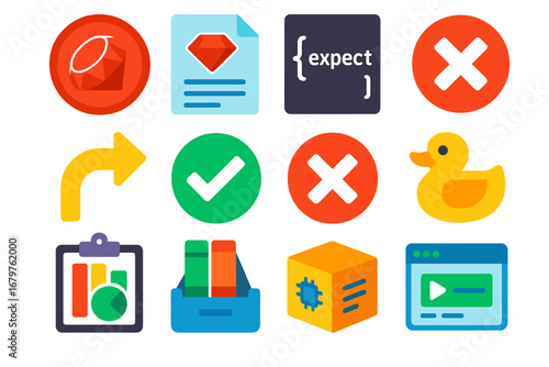 Ruby Testing Icons. Flat vector icons of Ruby testing: RSpec logo, test file, expect block, should matcher, assertion pass, test