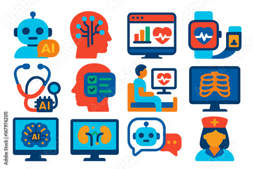 AI Healthcare Icons. Flat vector icons of AI in healthcare: medical AI assistant, diagnostic model, health data chart, wearable