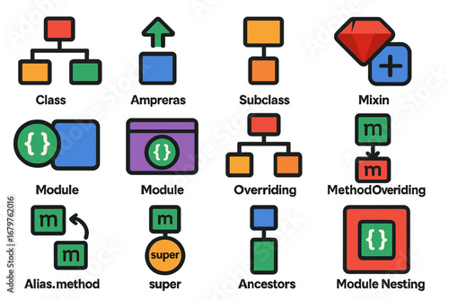 Ruby Inheritance Icons. Flat vector icons of Ruby inheritance and modules: class hierarchy, superclass arrow, subclass icon, mixin