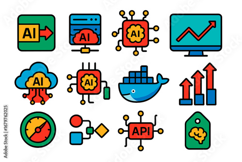 AI Deployment Icons. Flat vector icons of AI deployment: model export, model serving, inference engine, real-time prediction,