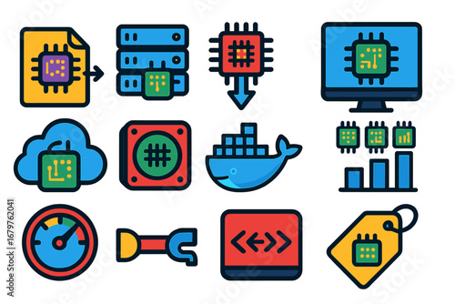 AI Deployment Icons. Flat vector icons of AI deployment: model export, model serving, inference engine, real-time prediction,