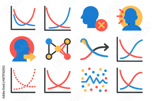 Machine Learning Icons. Flat vector icons of overfitting and underfitting: training loss chart, validation loss line, high