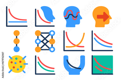 Machine Learning Icons. Flat vector icons of overfitting and underfitting: training loss chart, validation loss line, high