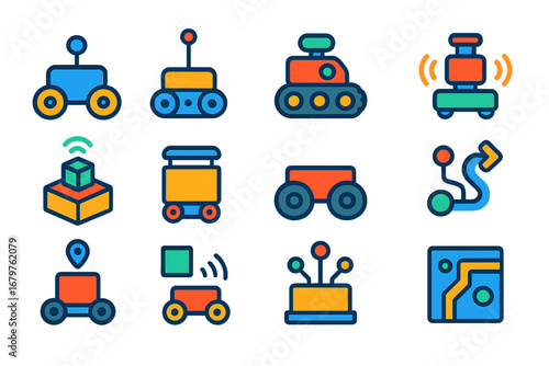 Mobile Robot Icons. Flat vector icons of mobile robots: wheeled robot, autonomous rover, tracked robot, robot with LIDAR, mapping