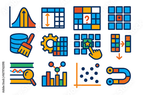 Data Processing Icons. Flat vector icons of machine learning data preprocessing: normalization icon, feature scaling, one-hot