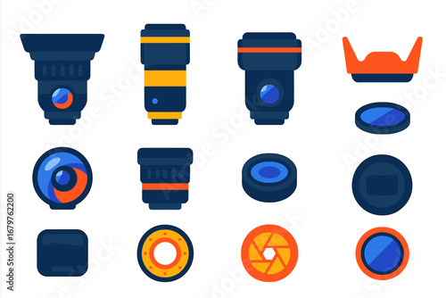 Colorful Camera Lens Icons. Flat vector icons of camera lenses: wide-angle lens, telephoto lens, prime lens, macro lens, fisheye
