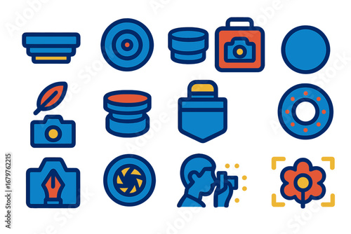 Pancake Lens Icons. Flat vector icons of pancake lens characteristics: ultra-thin profile, fixed focal length, compact design,