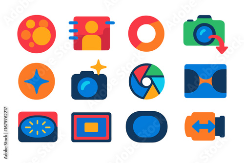 Modern Lens Feature Icons. Flat vector icons of lens characteristics: bokeh effect, shallow depth of field, fast aperture, image
