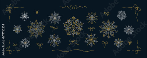 Set of luxury fancy gold and silver snowflakes, bow ribbon rectangle frames, corners, dividers. Coquettish hand drawn sketch doodle vector illustration. Christmas and happy new year winter background