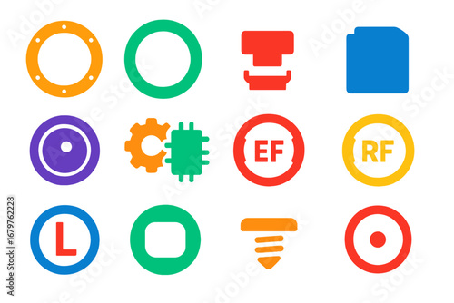 Colorful Camera Icon Set. Flat vector icons of camera brands and mounts: camera mount ring, lens adapter, hot shoe adapter,