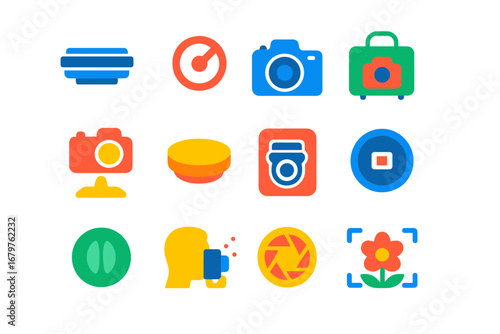 Pancake Lens Icons. Flat vector icons of pancake lens characteristics: ultra-thin profile, fixed focal length, compact design,