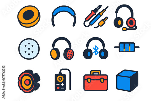 DIY Headphone Mods Icons. Flat vector icons of DIY headphone mods: custom earpads, headband padding upgrade, cable mod, mic
