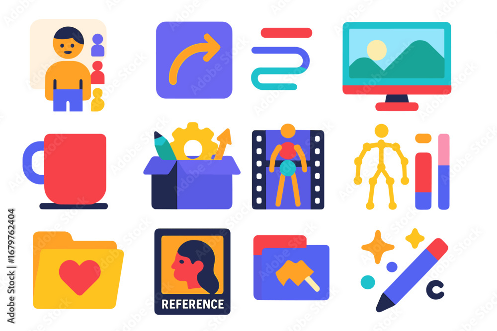 Fototapeta premium Flat Animation Icons. Flat vector icons of animation assets and libraries: character set icon, motion preset, background loop,