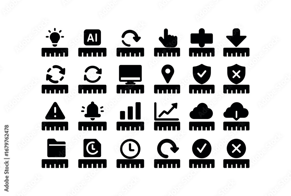 Fototapeta premium vector solid black filled icons Ruler (Advanced) ruler smart ruler ai ruler auto ruler manual ruler synced ruler unsynced ruler monitor ruler track ruler alert ruler notify ruler secure.