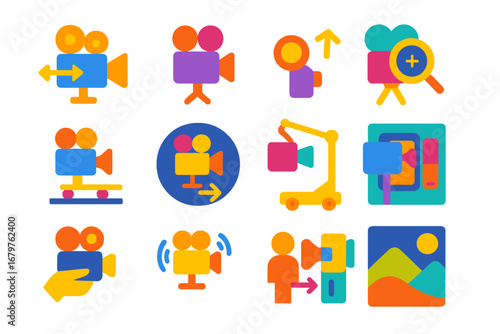 Animated Camera Move Icons. Flat vector icons of animation camera moves: pan left icon, tilt up icon, zoom in icon, tracking shot,