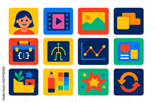 Flat Animation Icons. Flat vector icons of animation assets and libraries: character set icon, motion preset, background loop,