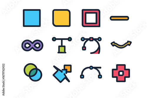 Modern Minimalist Icons. Flat vector icons of vector illustration elements: line art icon, filled shape, outlined object, stroke