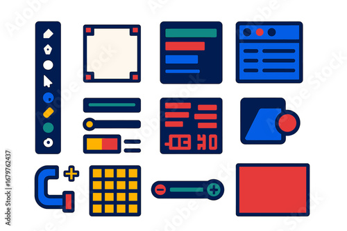 Modern Minimalist Icons. Flat vector icons of vector software interface: tool palette, artboard icon, layer panel, properties