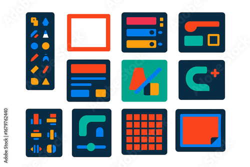 Modern Minimalist Icons. Flat vector icons of vector software interface: tool palette, artboard icon, layer panel, properties